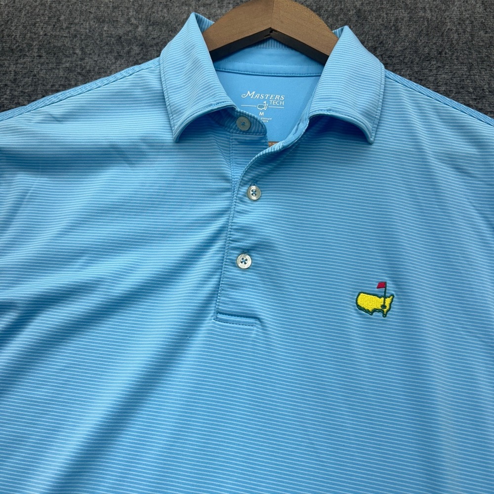 Masters Tech Polo Shirt Men Medium Blue Striped Performance Stretch Golf Logo